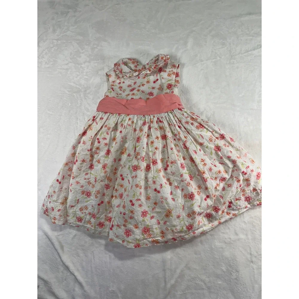 Maggie & Zoe Floral Dobby Dress 24M White Pink Sash Peter Pan Collar Baby Girl